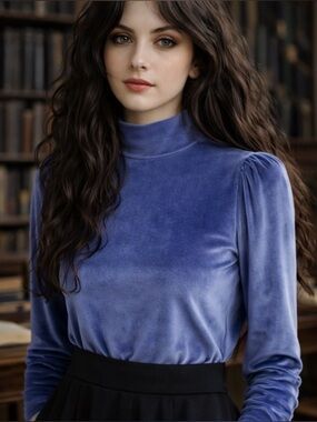 RyeGrass Blue Velvet Puff Sleeve High Neck Blouse Dark Romantic Luxe